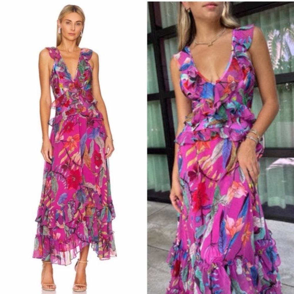 💕SOLD💕PATBO ZAMIA RUFFLE V-NECK DRESS - MAGENTA